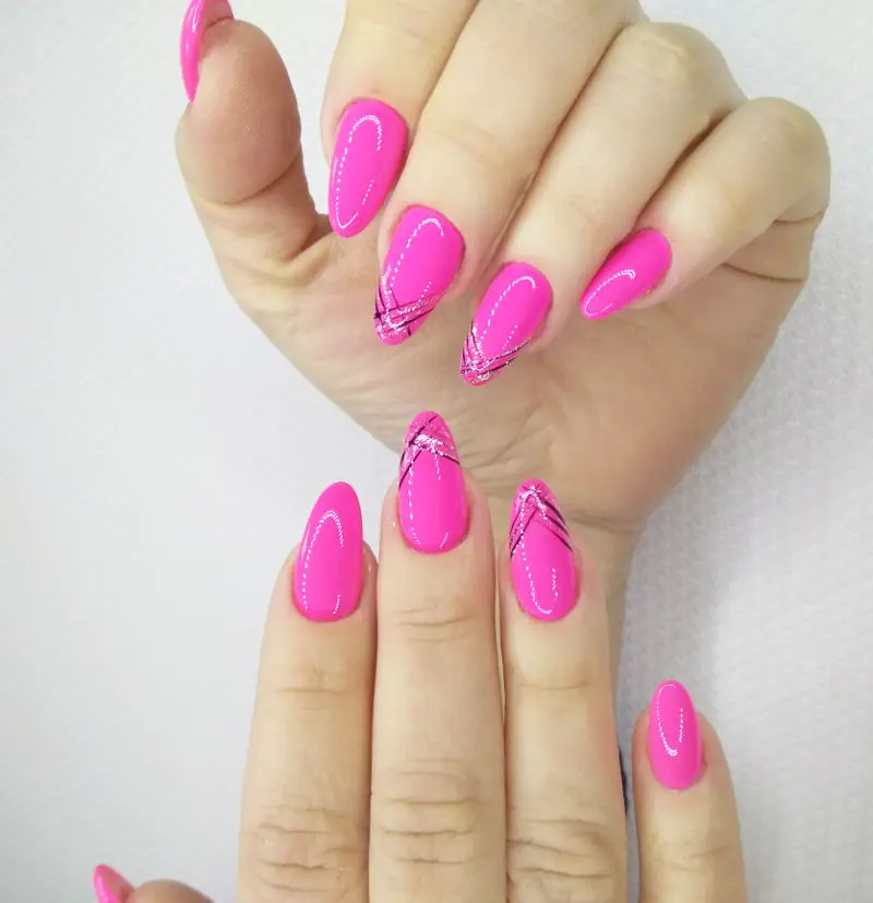 BRIGHT PINK NAILS WITH A SILVER-BLACK TIP ACCENT | Nail Salon Pro